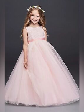 David’s Bridal Flower Girl Dress Pink Tulle Lace Heart Back Girls 8